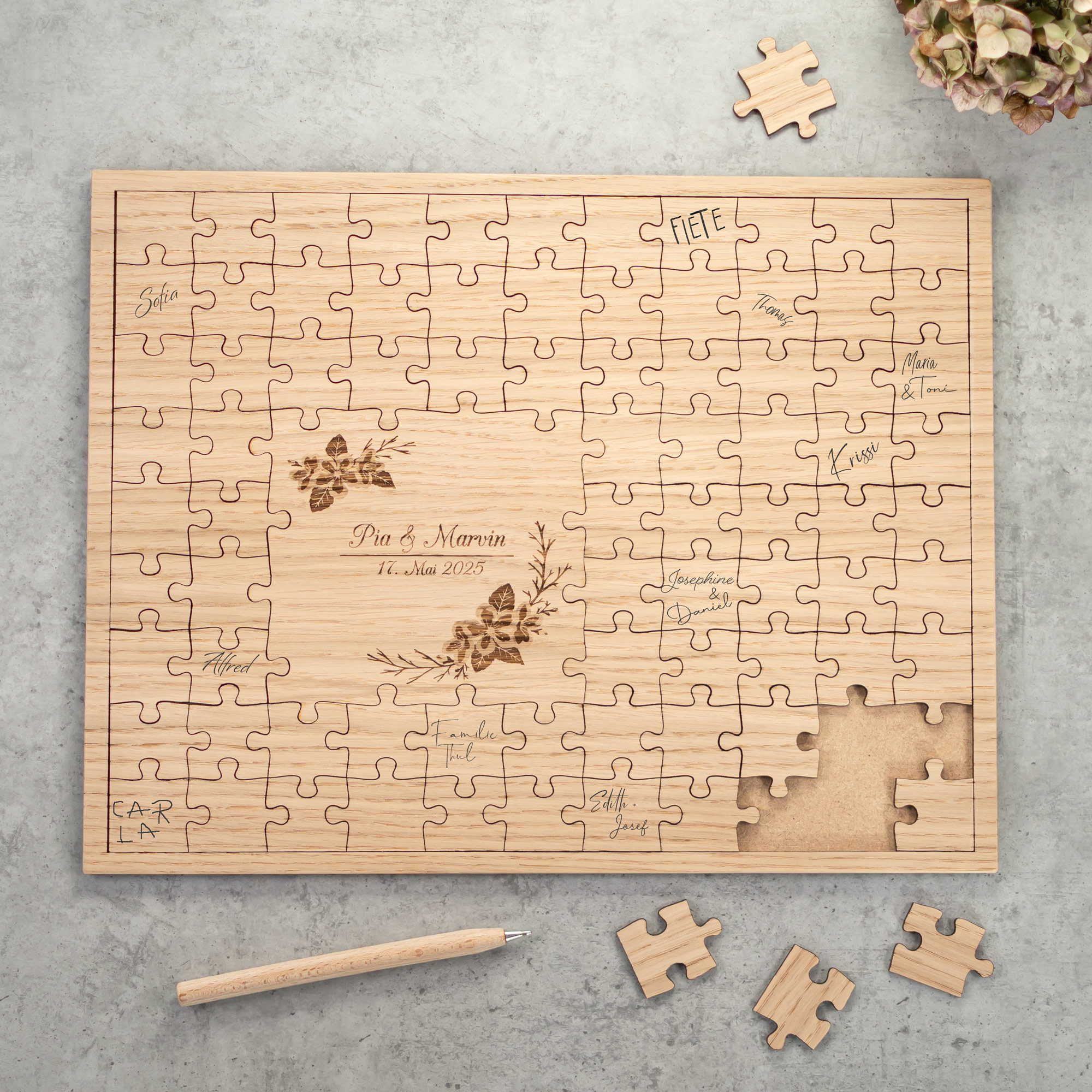 Gästebuch Puzzle Holz zur Hochzeit, Kirschblüte 83 Teile, personalisiert
