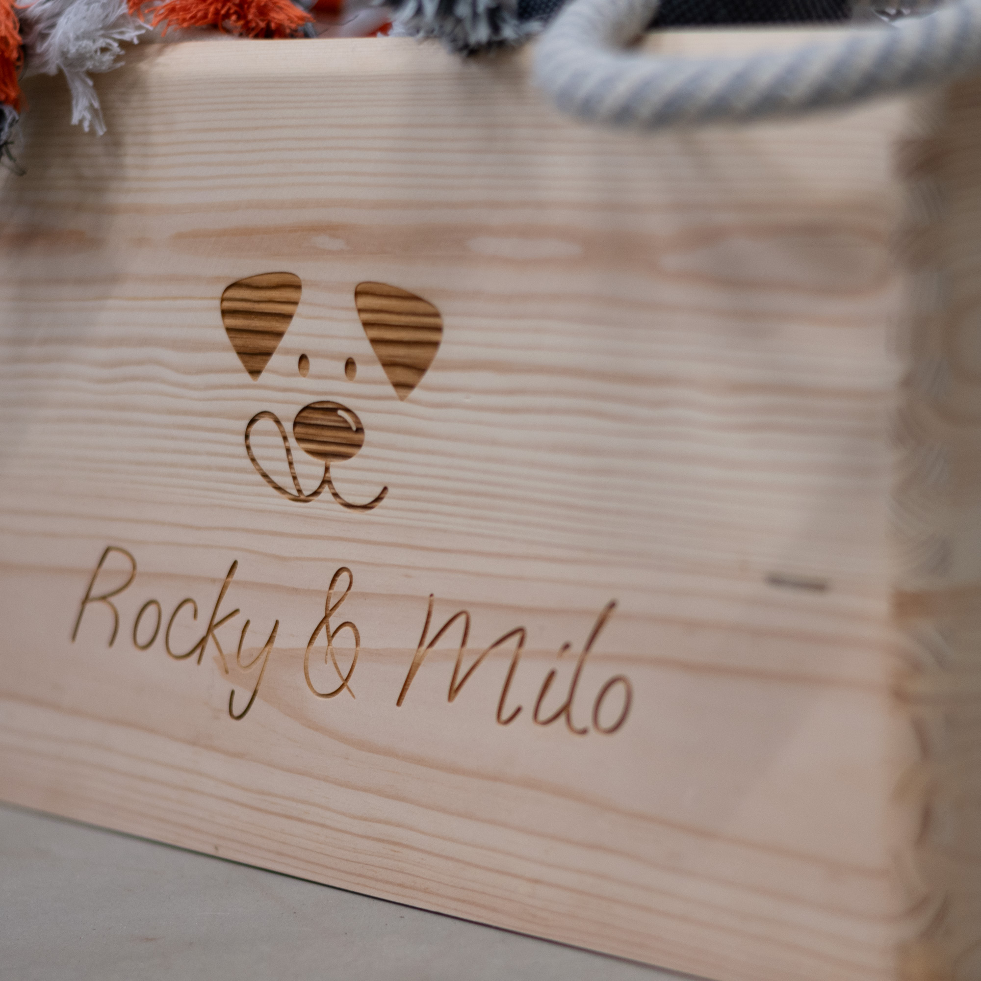 Spielzeugkiste aus Holz für Hunde, Hundegesicht, personalisiert