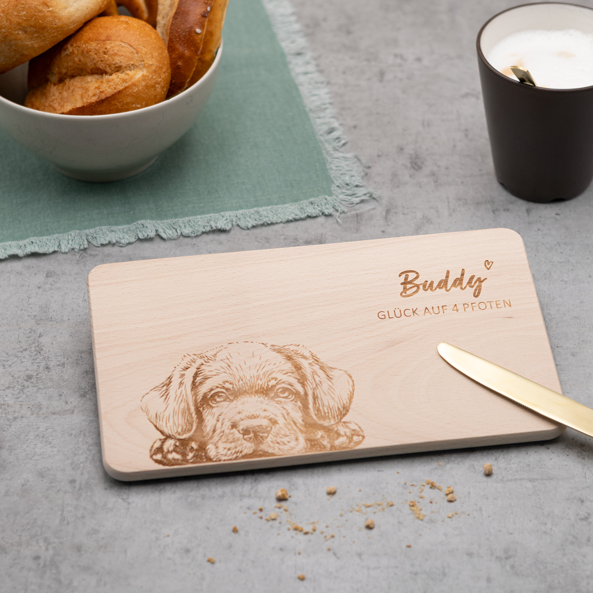 Brettchen, Frühstücksbrettchen aus Holz für Hundefreunde, Glück, personalisiert