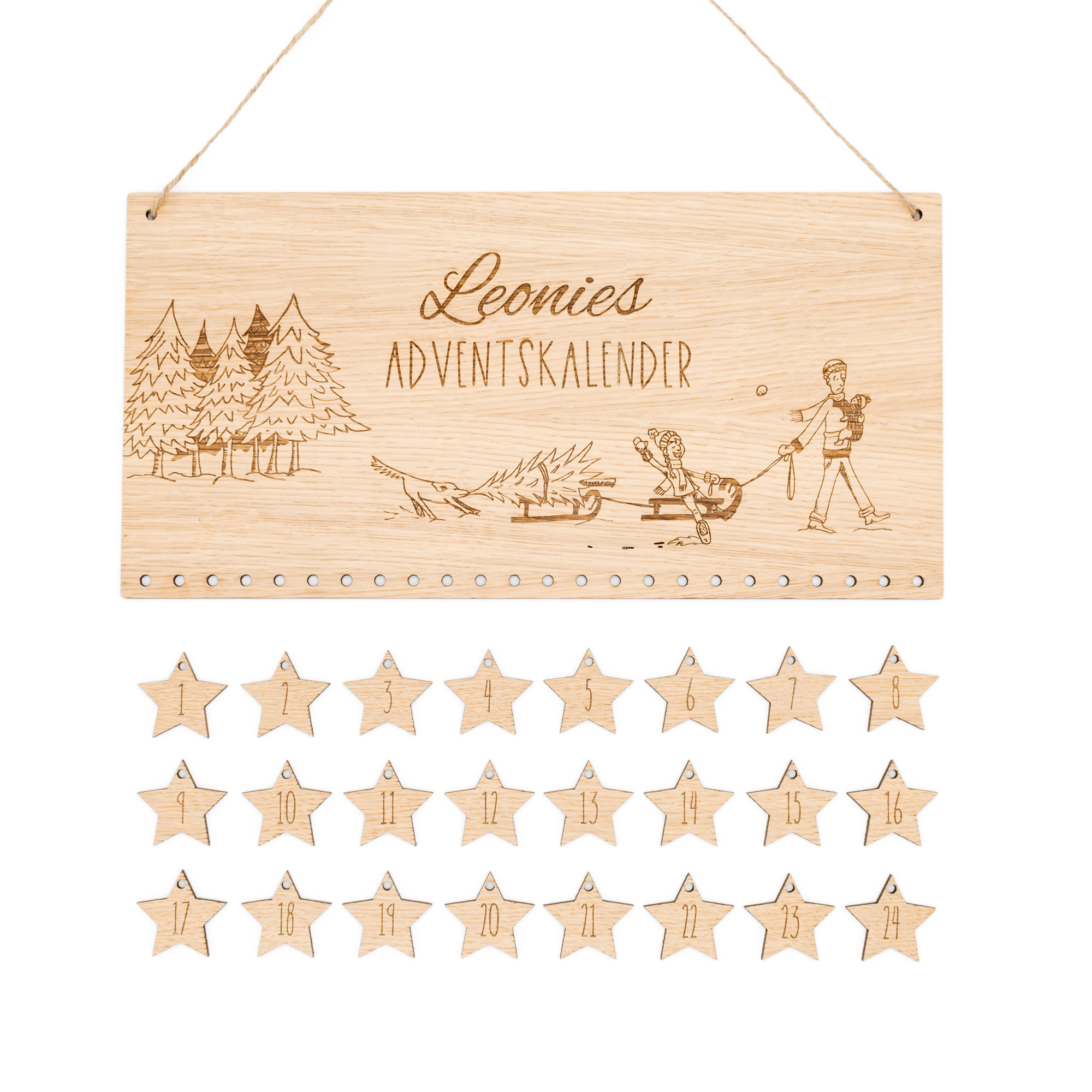 Adventskalender aus Holz mit Name und Anhänger Sterne