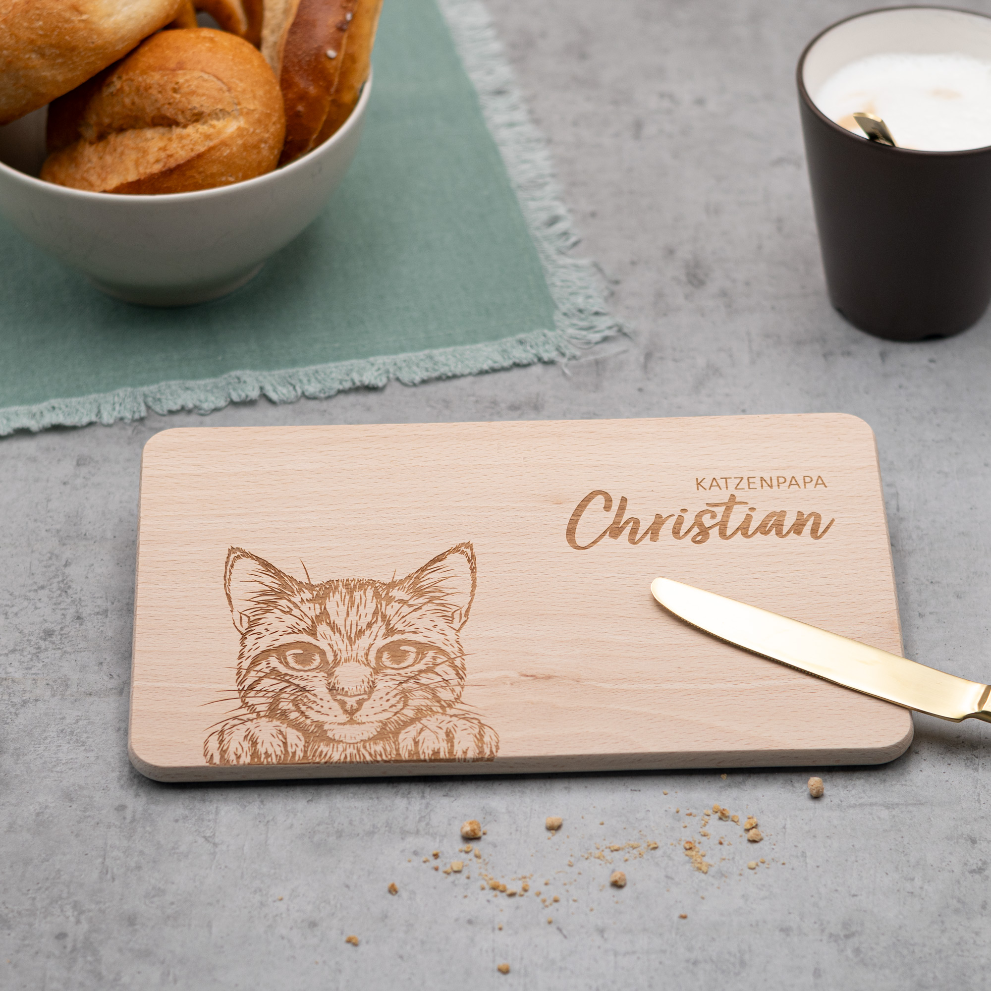 Brettchen, Frühstücksbrettchen aus Holz für Katzenhalter, Katzenpapa, personalisiert