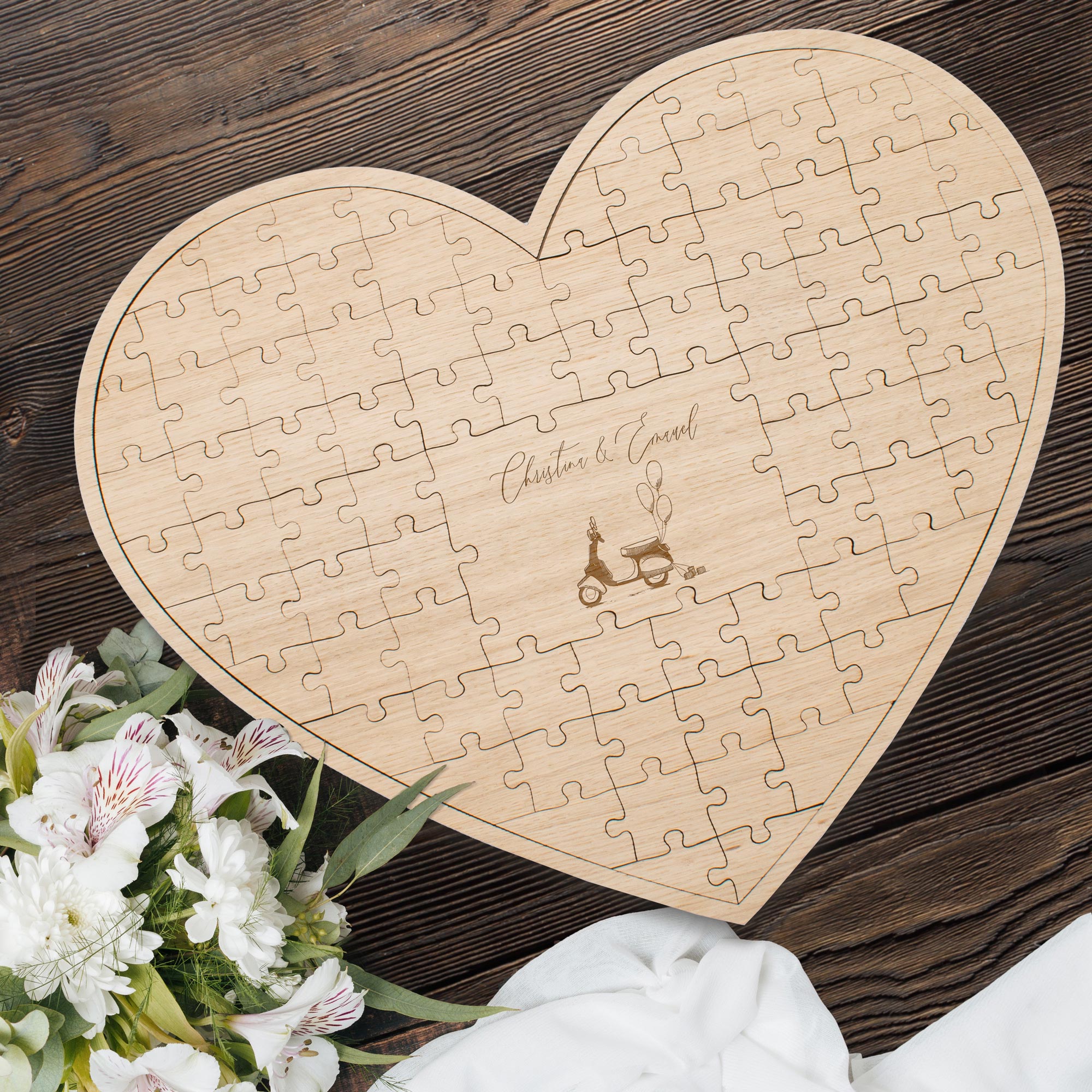 Gästebuch Puzzle Holz zur Hochzeit, Herz Roller 87 Teile, personalisiert 