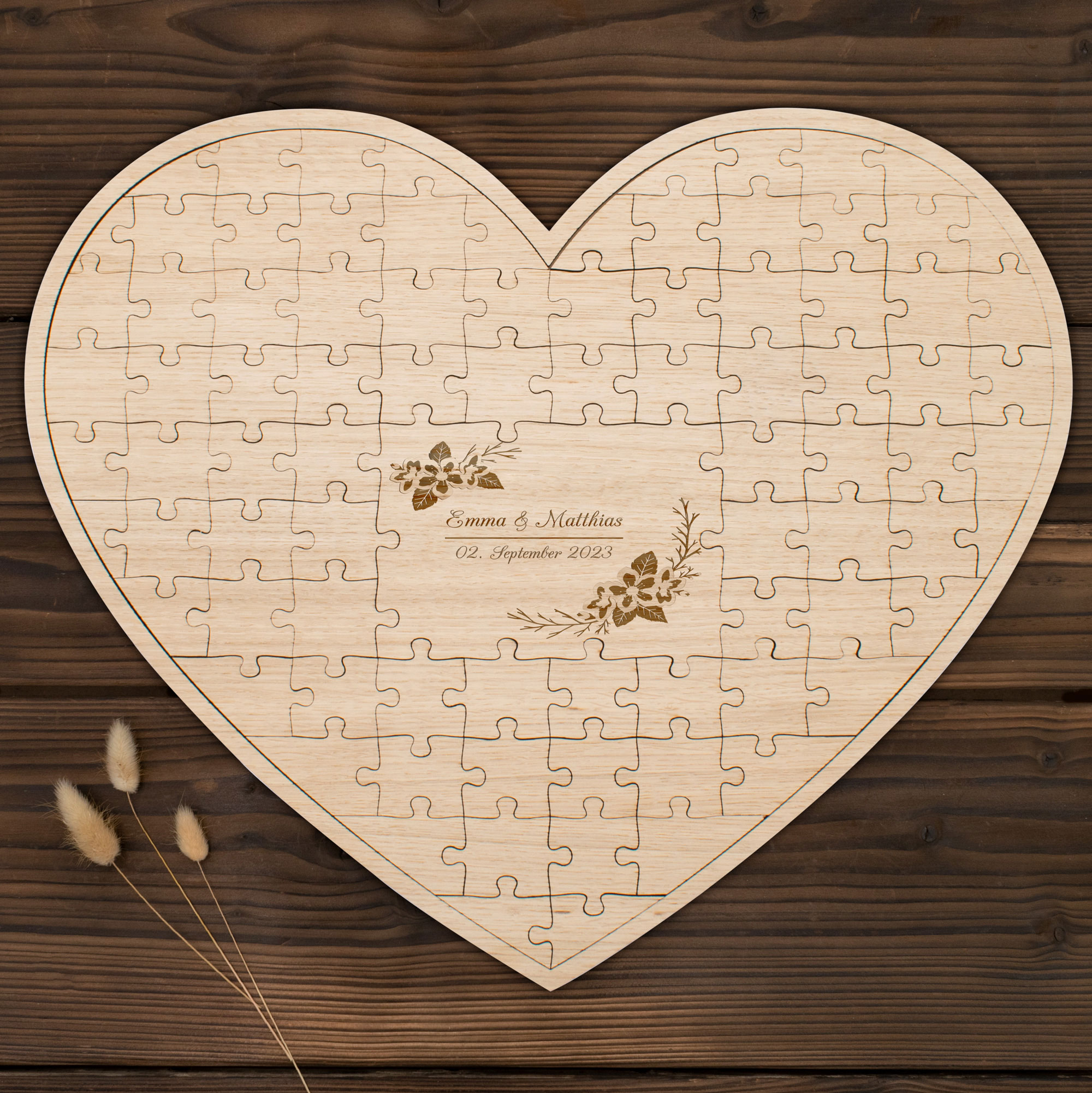 Gästebuch Puzzle Holz zur Hochzeit, Herz Kirschblüte 87 Teile, personalisiert 