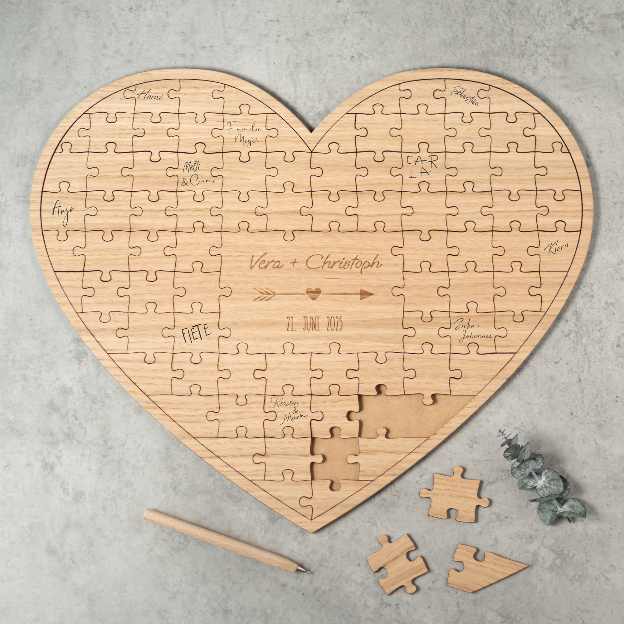 Gästebuch Puzzle Holz zur Hochzeit, Herz 87 Teile, personalisiert