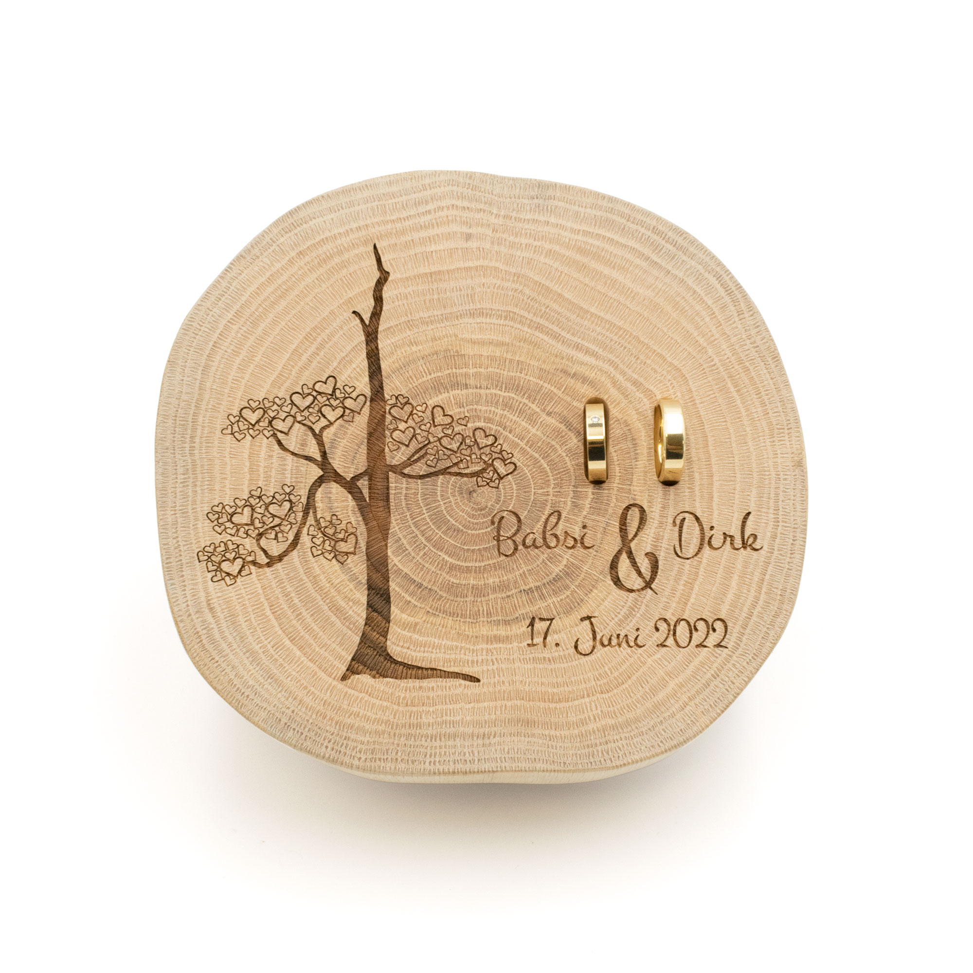 Ringkissen Holz zur Hochzeit, personalisiert, Naturliebe
