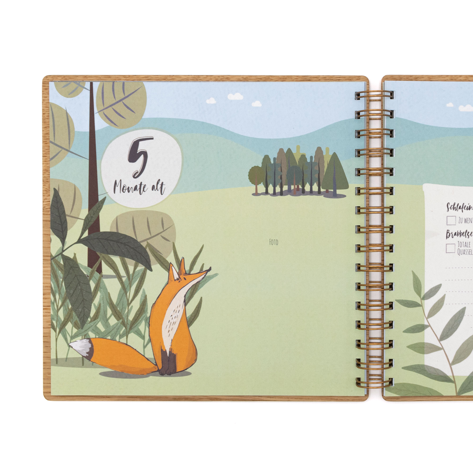 Mein erstes Jahr, Erinnerungsbuch Baby aus Holz, personalisiert, Fuchs